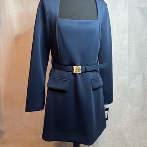 BCBG Navy Square-Neck Mini Dress with Gold Buckle